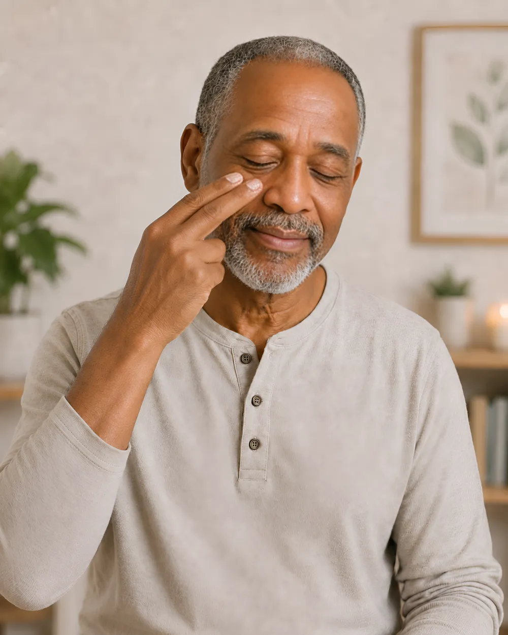 A man tapping gently near his eyebrow during a calm moment at home