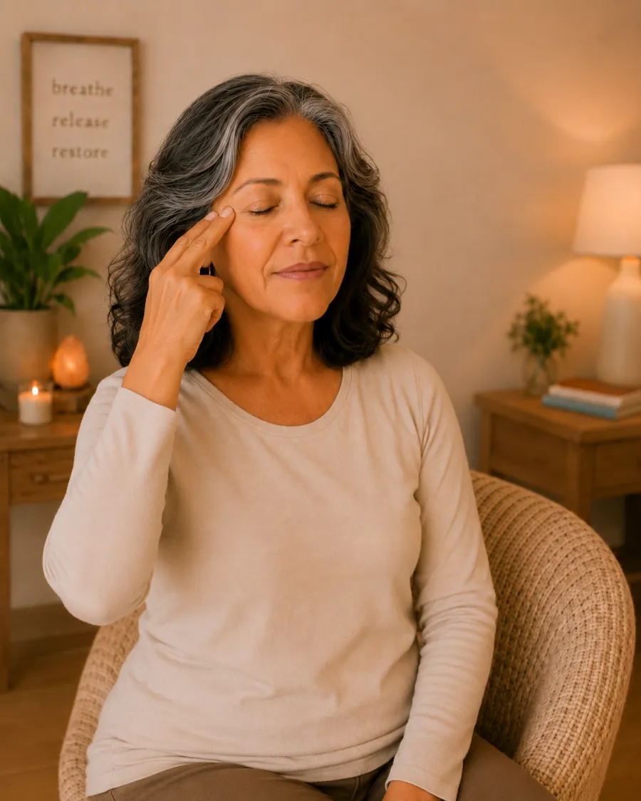 A woman tapping gently near her eyebrow during a calm moment at home